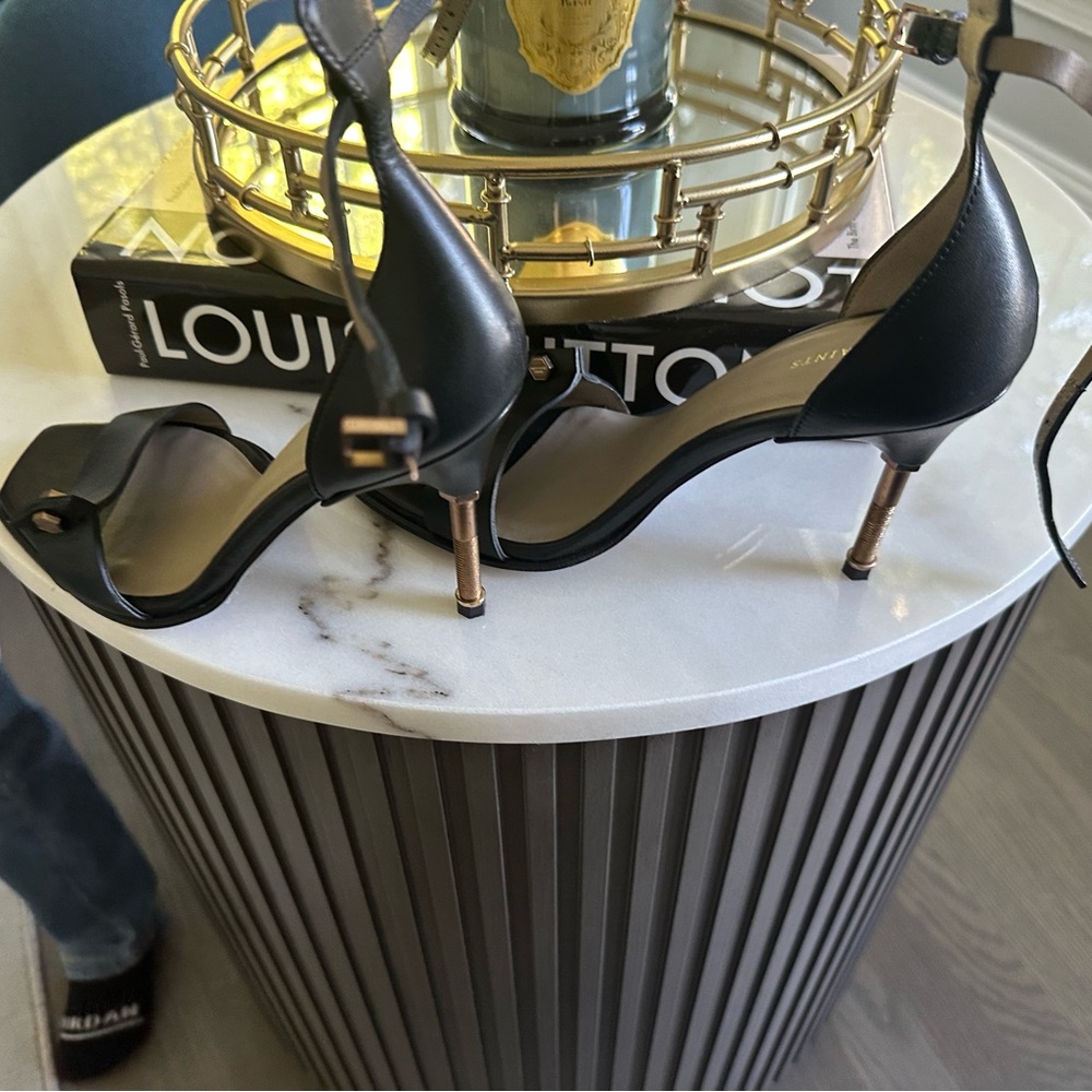 AllSaints Black Leather Ankle-Strap Heels with Gold-Tone Stiletto